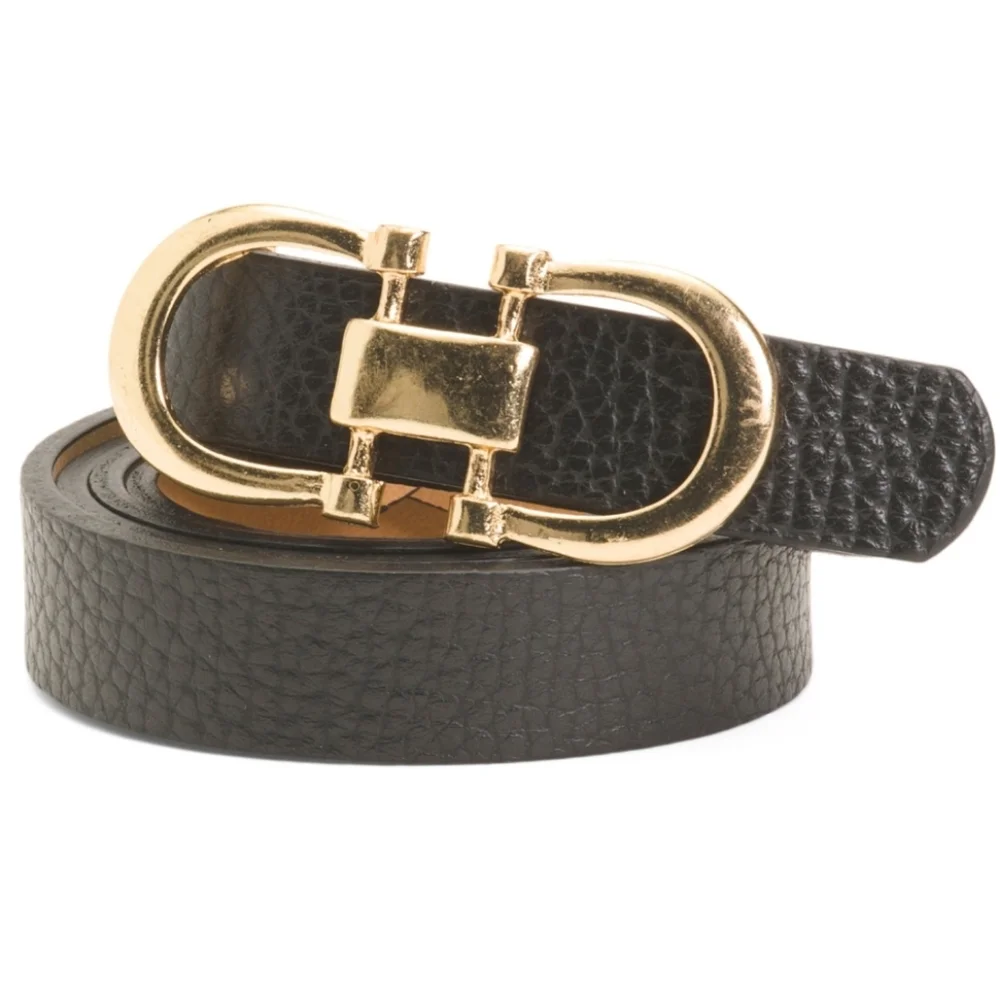 Persaman New York Women's Black Italian Leather Double Gold Tone Buckle Belt